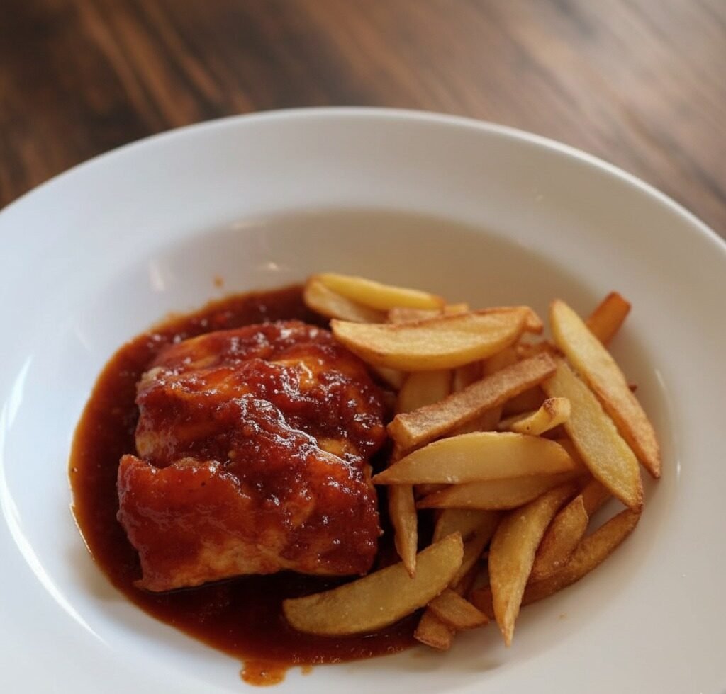 Plato de bacalao con sobrasada y patatas fritas en Es Magatzem Fat i Salat, restaurante en Ses Salines