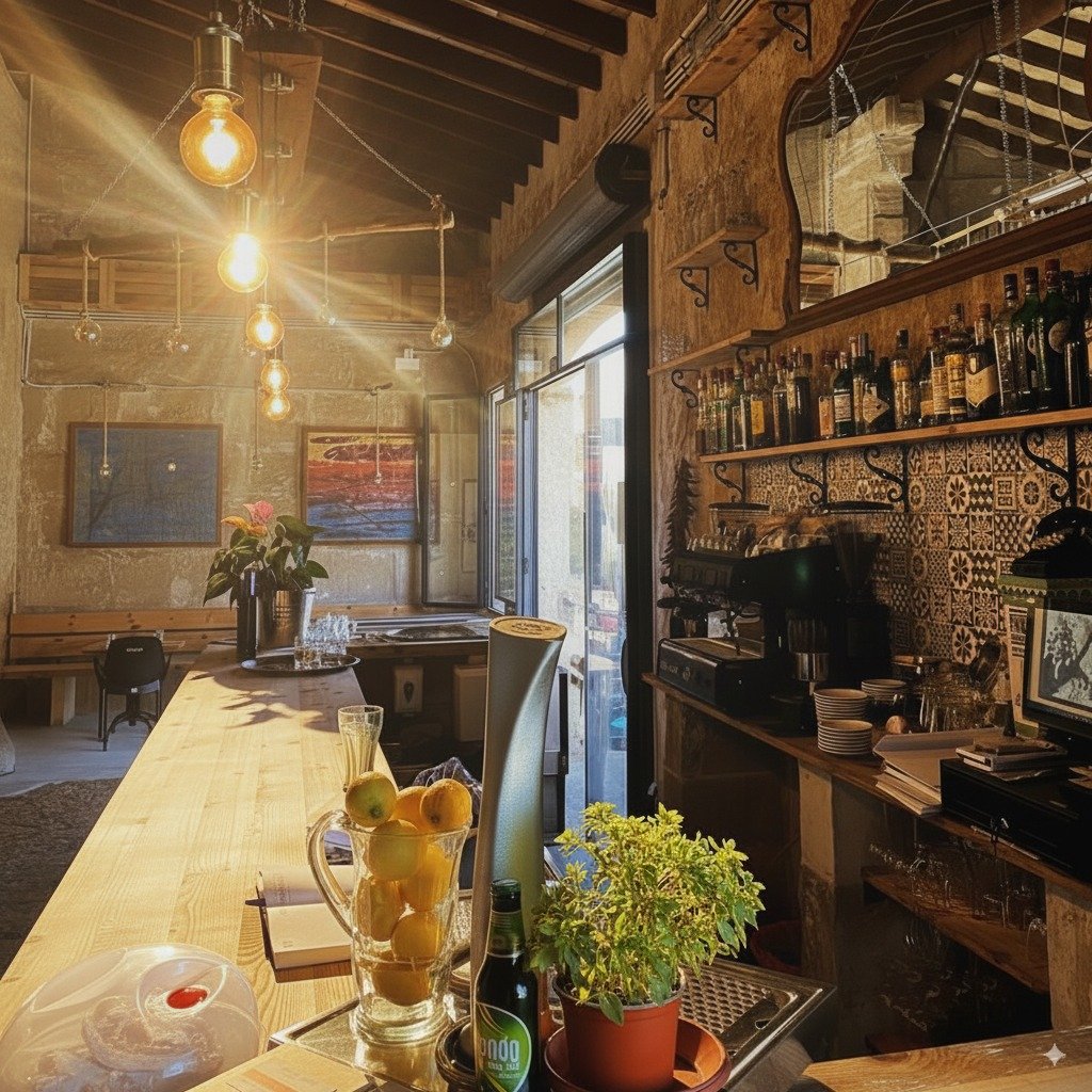 Interior del restaurante Es Magatzem Fat i Salat en Ses Salines con barra de madera y detalles rústicos mallorquines